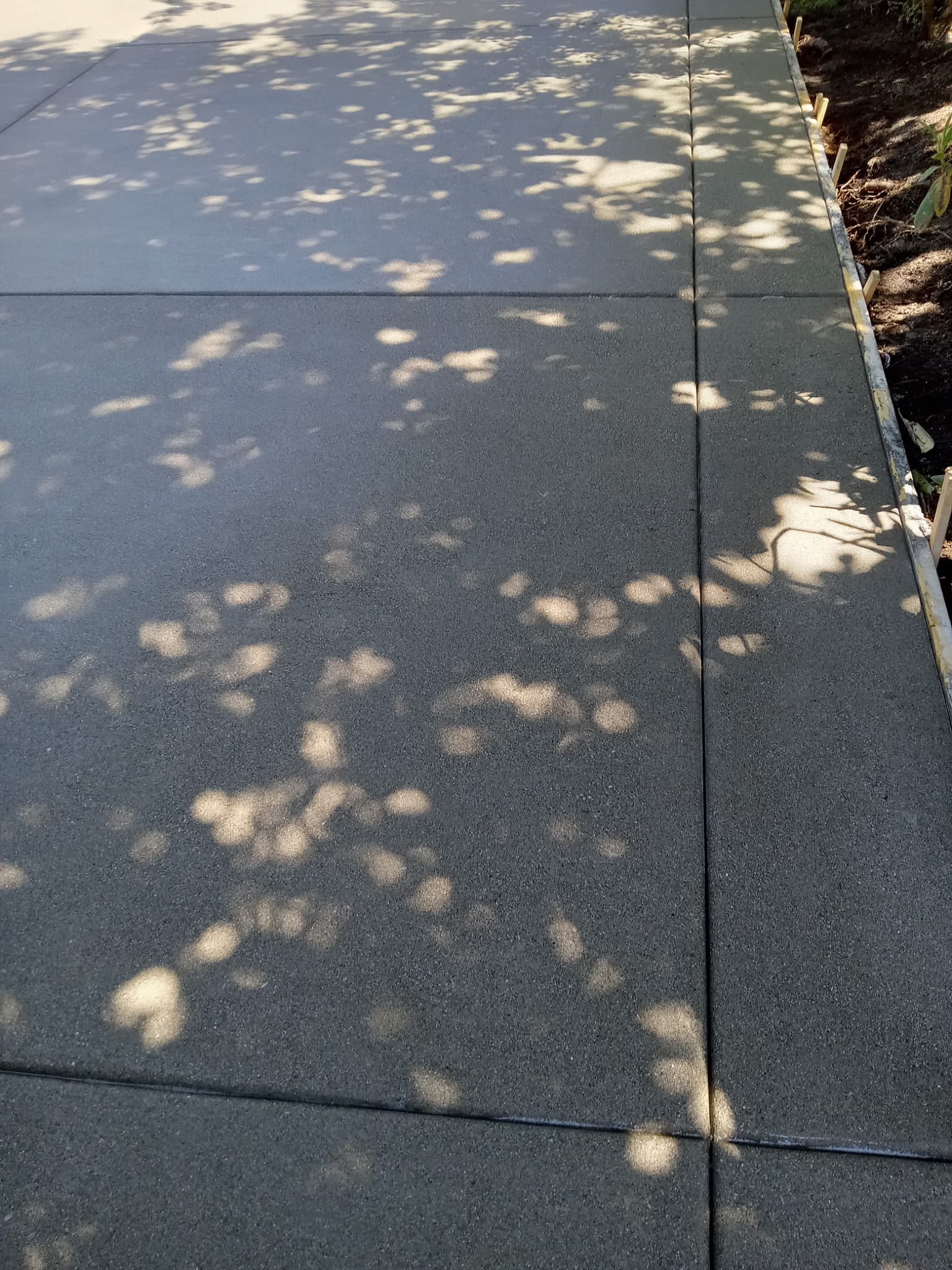 Clean broom-finish concrete sidewalk with dappled tree shadow